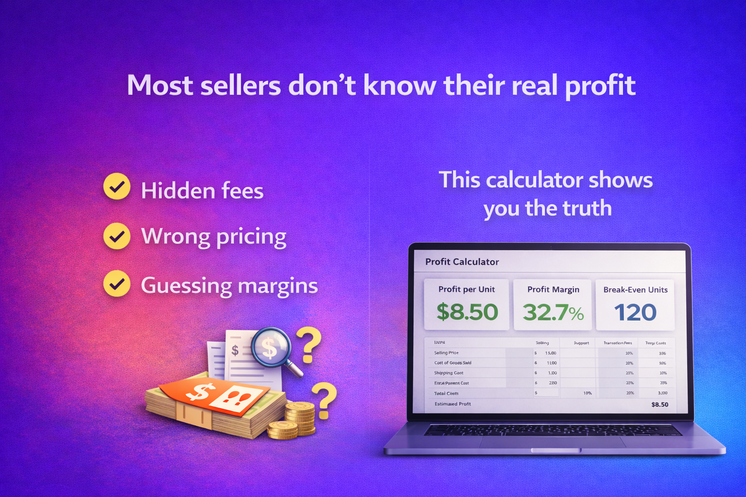 Product Profit Calculator dashboard showing margin and break-even calculations